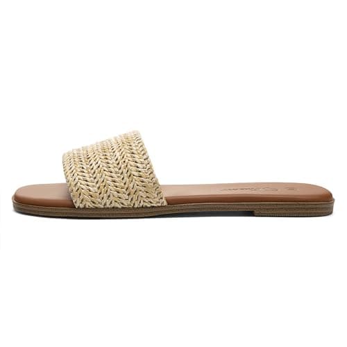 Athlefit Raffia Flat Sandals for Women Dressy Square Open Toe Comfortable Slip On Beach Casual Slide Sandals Apricot Size 5.5 - Thumbnail 4