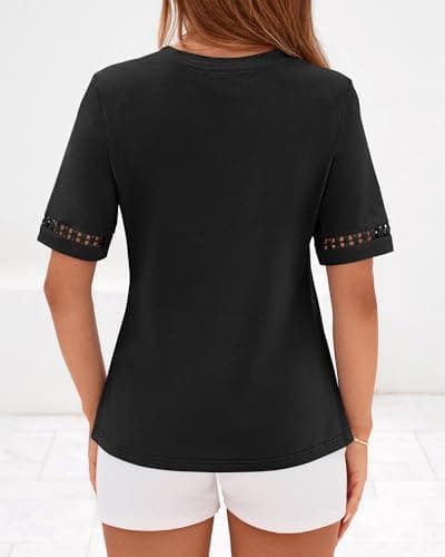 BTFBM Summer Tops for Women Lace Short Sleeve Shirt 2026 Spring Casual Loose Crew Neck Cotton Knit Cute Business Blouses(Black, Small) - Thumbnail 3