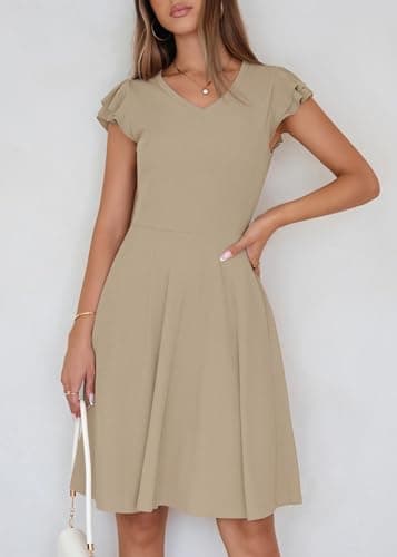 Lazysmile Summer Dresses for Women Ruffle Short Sleeve V Neck A Line Swing Ribbed Knit Casual Mini Short Dress Khaki - Thumbnail 4