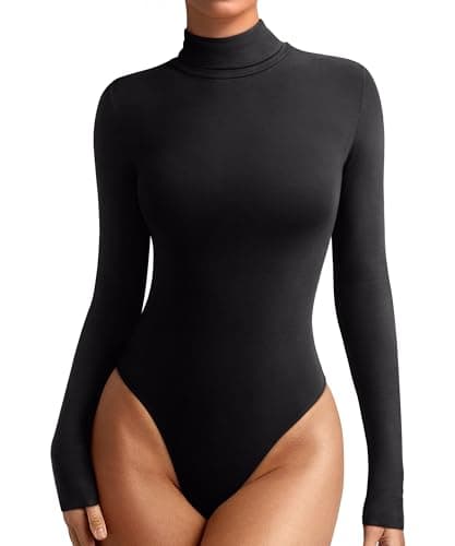 REORIA Womens Turtleneck Long Sleeve Tight Shirts Basic Tummy Control Bodysuit Thermal Underwear Tops Fall Clothes Black Onyx Medium - Image 1