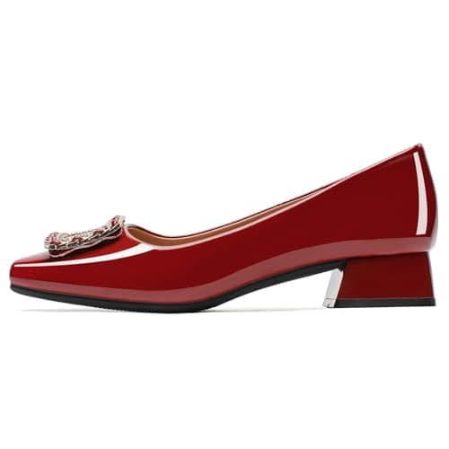 QFDZLA Women's Low Chunky Block Heel Pumps Comfortable Leather Square Toe Dress Shoes Slip On Block Heel for Office Lady Shoes Burgundy Size 9 - Thumbnail 5