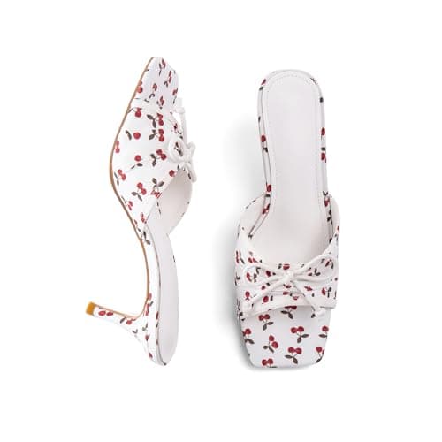 RUSAUISE White Mule Heels for Women Bow Kitten Heels Square Open Toe Cherry Stiletto Heeled Slide Sandals Slip On Dressy Sandals Size 8 - Image 1