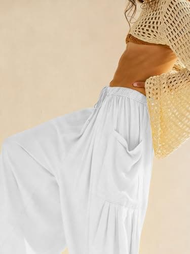 COCOMARTS Womens Linen Wide Leg Palazzo Pants Casual Loose Elastic Drawstring Flowy Pant 2025 Fall Travel Baggy Harem Pants with Pocket White X-Large - Thumbnail 4