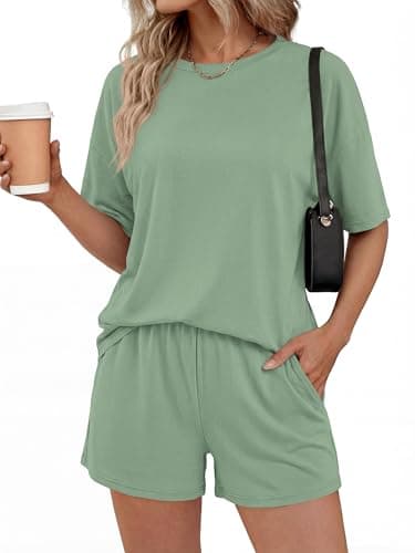 BTFBM 2 Piece Short Sets For Women 2026 Summer Airport Travel Vacation Outfits Loose Matching Clothing Spring Lounge Set(Grey Green, Medium) - Image 1