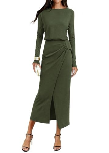 KIRUNDO Long Sleeve Dress for Women 2026 Fall Boat Neck Wrap Ruched Slit Knit Spring Cocktail Wedding Guest Maxi Dresses(Army Green, Small) - Image 1