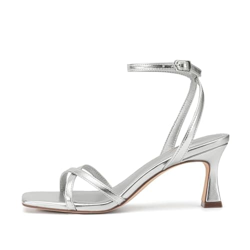 Athlefit Kitten Heels for Women Square Open Toe Strappy Heeled Sandals Ankle Strap Dress Silver High Heels for Prom Party Wedding Size 11 - Thumbnail 4