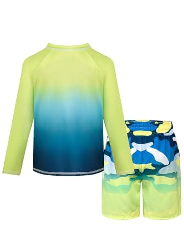 Belovance Boys Two Piece Rash Guard Swim Set Kids Long Sleeve Bathing Suit Swimwear Shirt with Trunks Swimming Suits Surfing Beach Clothes Quick Dry Size 6 7 Yellow Blue Camo - Thumbnail 3