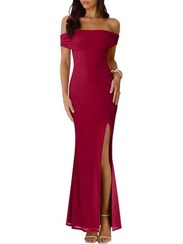 Caracilia Women’s Off Shoulder Maxi Wedding Guest Dress Summer Bodycon High Split Mesh Formal Cocktail Evening Party Dresses Burgundy Medium - Image 1
