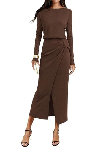 KIRUNDO Long Sleeve Dress for Women 2026 Spring Summer Boat Neck Cocktail Wedding Guest Knit Wrap Ruched Slit Maxi Dresses(Dark Brown, Large) - Image 1