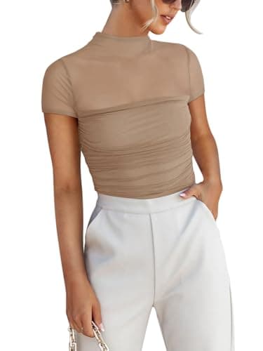 REORIA Women’s Summer Sexy Mock Turtle Neck Short Sleeve Slimming Shirts Sheer Mesh Ruched Fashion Night Out Thong Body Suits Tops Khaki X-Large - Image 1
