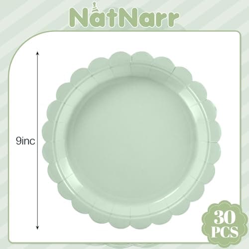 NatNarr 30 Pcs Sage Green Paper Plates 9 Inch Disposable Scalloped Easter Plates Cute Dessert Cake Plate Party Dinner Plate for Baby Shower, Wedding, Bridal Shower - Thumbnail 2