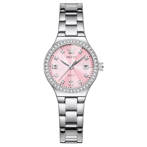 OLEVS Watch Women Pink Face Silver Watches for Women Dress Diamond Womens Watch Stainless Steel Waterproof Luminous Ladies Watches for Small Wrist Analog Quartz Date Luxury Reloj para Mujer - Image 1