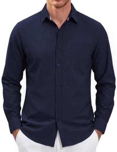 PJ PAUL JONES Men's Long Sleeve Button Down Shirt Wrinkle Free Casual Untucked Dress Shirt Regular Fit Navy - Image 1