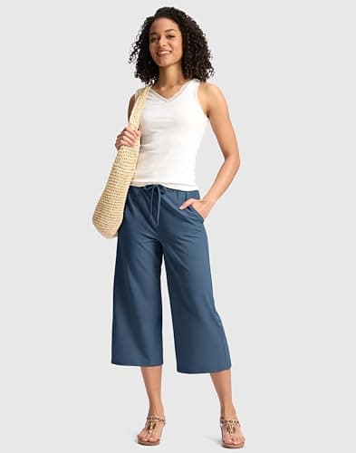 Soothfeel Women's Capri Pants Loose High Waisted Wide Leg Lightweight Travel Hiking Pants for Women Casual Summer with Pocket Dark Blue XXXL - Thumbnail 6