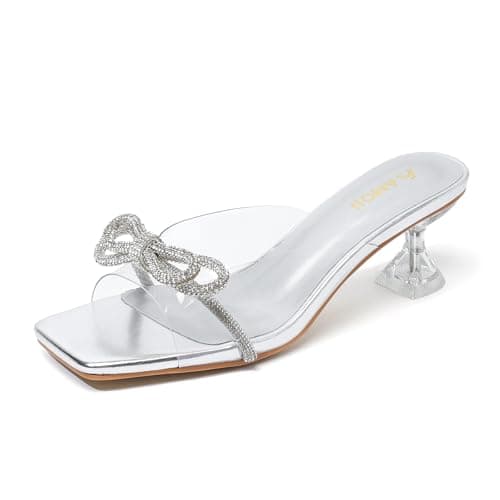 Amoji Women Kitten Heels 2 In Chunky Shorts Heels Rhinestone Bow Dress Shoes 346 Silver 6 women
