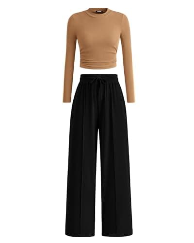 BTFBM Casual 2 Piece Sets For Women Fall Outfits 2026 Ribbed Spring Long Sleeve Crop Top Wide Leg Pants Matching Lounge Set(Camel Black, XX-Large) - Image 1