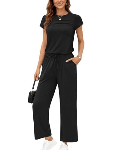 Ekouaer Jumpsuits for Women 2026 Summer Casual Round Neck Pleated Front Womens Rompers With Pockets Vacation Outfits Black M - Image 1