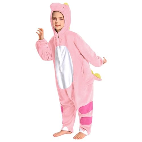 OLAOLA Kids Animal Onesie, Unisex Pink Dinosaur Onesies, Plush Cosplay Pajamas for Girls Boys, One-Piece Sleepwear Halloween Costume - Image 1