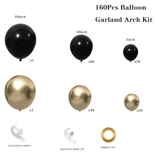 Black and Gold Balloon Garland Arch Kit, 160PCS Black Gold Latex Balloons for New Year Wedding Anniversary Birthday Party Decorations - Thumbnail 2