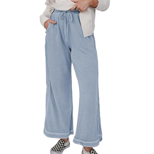Ainangua Women's Palazzo Pants Acid Wash Capri Pants Drawstring Athletic Wide Leg Trousers Summer Lounge Home(Light-Blue,XL) - Thumbnail 2