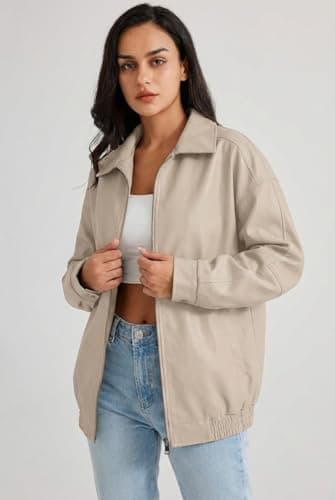 hathne Women's Oversized Leather Jackets Faux Zip Up Fall Fashion Motorcycle Jackets Coats Winter Clothes(Beige,S) - Thumbnail 3