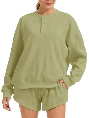YZFSM Spring Lounge Sets for Women Oversized Waffle Knit Long Sleeve Sweatshirt and High Waisted Shorts 2 Piece Casual Outfit (Green, Medium) - Image 1