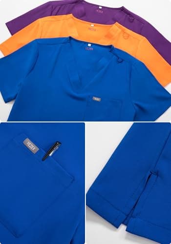 YEZEX Women's Scrub Set, V-Neck Top & Straight Leg Pants w/ 6 Pockets, Medical Scrubs Top & Pants - Thumbnail 2