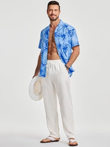 JMIERR Men 2 Piece Outfit Short Sleeve Hawaiian Beach Button Down Shirt Tropical Floral Shirt Casual Loose Pant Sets - Thumbnail 2