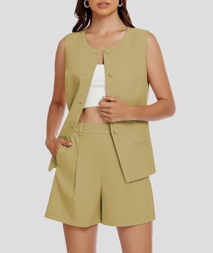 Casly Lamiit Two Piece Short Sets for Women 2025 Summer Sleeveless Work Waistcoat Dressy Casual Outfits Matching Professional Casual Suit Mustard Yellow L - Thumbnail 3