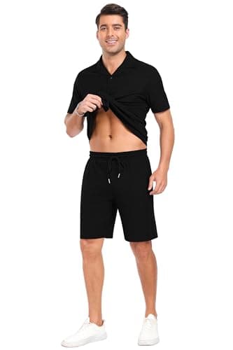 PrinStory Mens Short Sleeve Outfits 2 Piece Summer Beach Button Down Shirts and Shorts Set Tracksuit with Pockets Black-2XL - Thumbnail 4