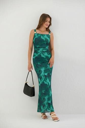 ZAFUL Green Wedding Guest Dress for Women's Sexy Dress Formal Sleeveless Mesh Ruched Bodycon Maxi Party Long Dresses Sexy - Thumbnail 5