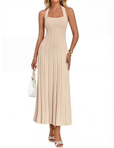 MEROKEETY Women's 2026 Spring Summer Sweater Dress Casual Halter Sleeveless Elegant Ribbed Knitted Bodycon Midi Dresses, Khaki, X-Large - Image 1