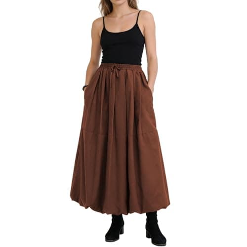 P Ammy Fashion Women's Bubble Skirt Elastic Waist Casual Party Y2K Puffy Hem A-line Maxi Long Skirts with Pockets (US, Alpha, Medium, Regular, Regular, Brown) - Image 1