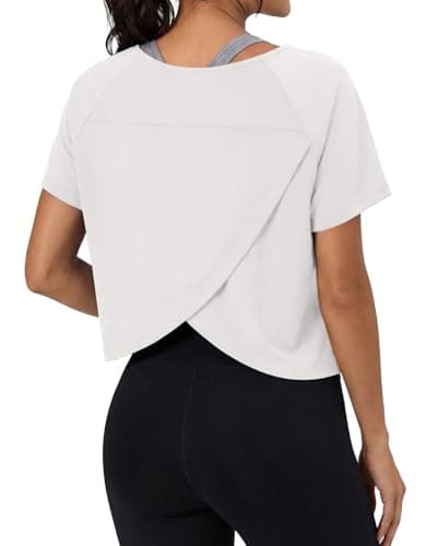 GRECERELLE Workout Tops for Women Short Sleeve Athletic Shirts Running Yoga Crop Gym Pilates Top Crossover Back Y2k, White, XL - Image 1