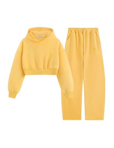 Aelfric Eden Baggy Sweatsuit Set for Womens Fleece 2 Piece Outfits Tracksuit Matching Crop Top Hoodies Barrel Pants Yellow Small