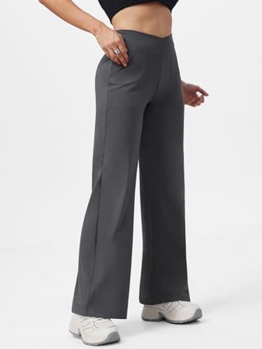 AFFOLE Wide Leg Pants for Women Cross Waist Yoga Dress Pants with Pockets High Waist Stretch Casual Workout Lounge Trousers Dark Grey - Thumbnail 2