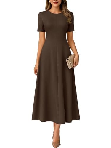ANRABESS Womens Summer Maxi Dresses Casual Short Sleeve Elegant Classy Vintage 2026 Spring Flowy Cocktail Dress 80s Outfit Brown Small - Image 1