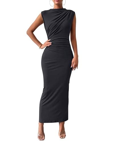BTFBM Women Ruched Bodycon Maxi Dresses Summer Casual Sleeveless Lightweight Slit Elegant Cocktail Wedding Guest Dress(Dark Grey, Large) - Image 1
