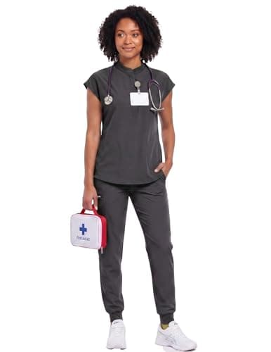 VECARDI Women's Scrub Top Zip Front Stretch Short Sleeve Nurse Uniform Shirt with Pockets Badge Loop Grey - Thumbnail 6