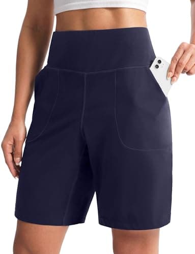 Cyasundent Women's Athletic Shorts with Zipper Pocket 9" High Waisted Bermuda Shorts for Women Workout Walking Running(Navy_M) - Image 1