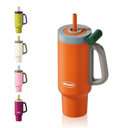 Sidagar Tumbler with Handle,36 oz Ceramic Lined Travel Mug Water Bottle with Straw,Vacuum Insulated Stainless Steel Cup with Lid,Fits Cup Holder, Leak Resistant Press-in Lid,Orange