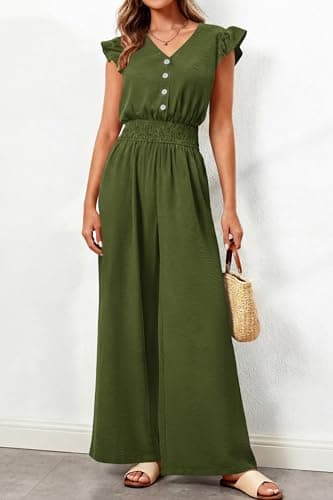 dowerme Women's Jumpsuits Dressy Casual 2026 Summer Ruffle Cap Sleeve V Neck Button Smocked Rompers Wide Leg Overalls(Army Green,Medium) - Thumbnail 5