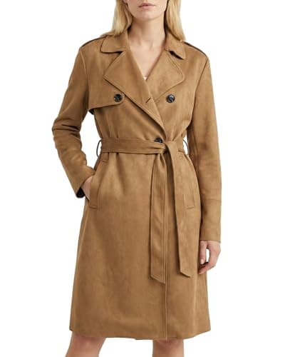 Women's Faux Suede Trench Coat - Classic long trench coat for women with Notched Collar, Double-Breasted Buttons, Adjustable Waist Belt, Warm & Stylish Faux Suede Jacket for Fall & Winter(Brown)-M - Image 1