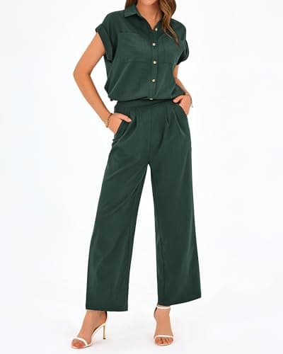 PRETTYGARDEN Womens 2 Piece sets Summer Cap Sleeve Tops Palazzo Pants Dressy Casual Vacation Travel Outfits Tracksuits(Dark Green,X-Large) - Thumbnail 4