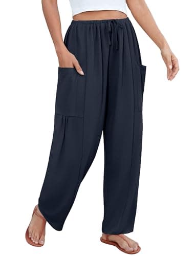 DLOODA Flowy Wide Leg Pants for Women, Drawstring Palazzo Harem Pants Casual Beach Vacation Trousers with Pockets Navy - Thumbnail 2