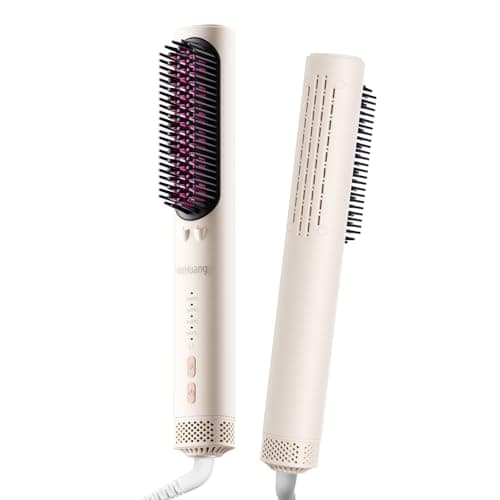 MinHuang 3 in 1 Ionic Hair Straightener Brush with Cool Air Technology, Fast Heating Comb Volumizer, Anti-Scald with 4 Adjustable Heat Settings, Dual Voltage Styling Tool for Women,Pink - Image 1