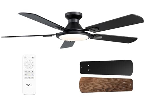 TCL Ceiling Fans with Lights, 52 Inch Low Profile Ceiling Fan with Light and Remote Control, Flush Mount, DC Reversible Motor, Noiseless, 6 Speeds Ceiling Fan for Bedroom (Black) - Image 1