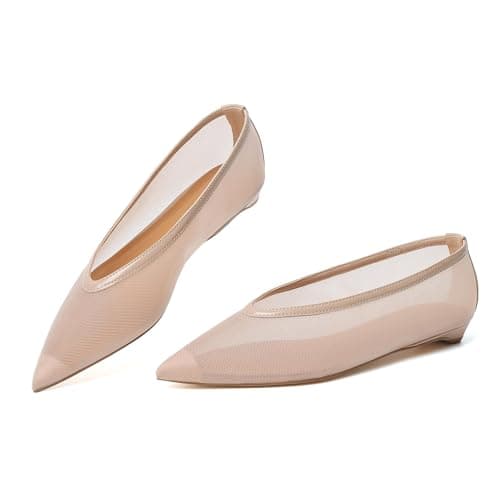 Reitoye Nude Mesh Flats for Womens Closed Pointed Toe Ballet Flat Comfortable Dressy Work Slip On Casual Shoes Womens Flats Size 8 - Image 1