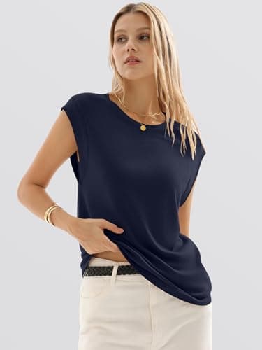 ANRABESS Women's Sweater Vest 2026 Summer Crew Neck Cap Sleeve Tank Tops Business Casual Lightweight Pullover Sweaters Shirts Navy Blue-L - Thumbnail 4