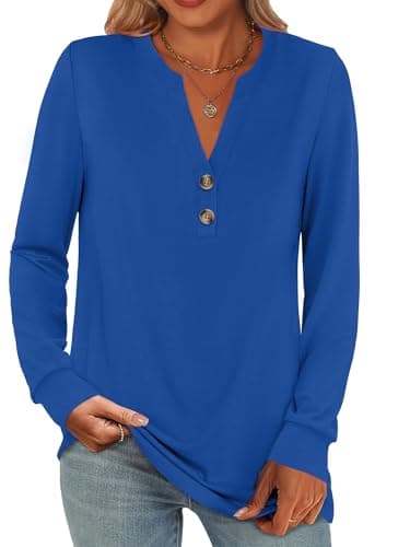 ANRABESS Women's Long Sleeve Shirts 2026 Spring Fashion Dressy Casual Tops Trendy Henley Blouses Cute Work Outfits Clothes Boyal Blue XX-Large